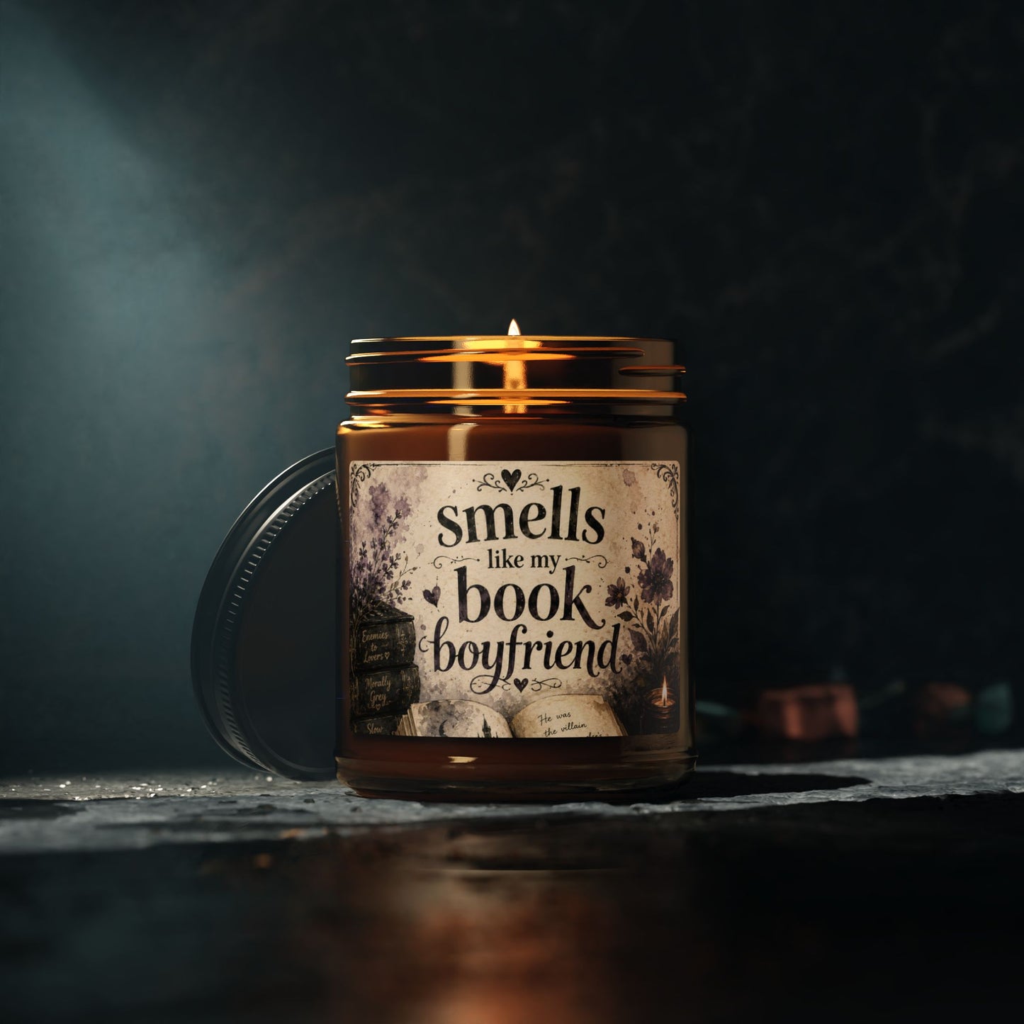 Book Lover Soy Candle — “Smells Like My Book Boyfriend” Amber Jar