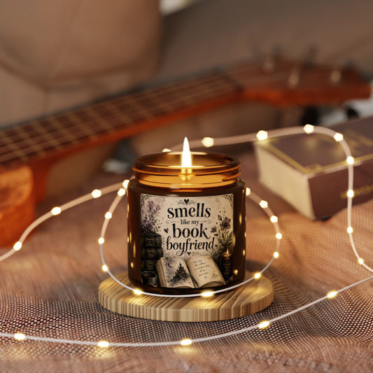 Book Lover Soy Candle — “Smells Like My Book Boyfriend” Amber Jar
