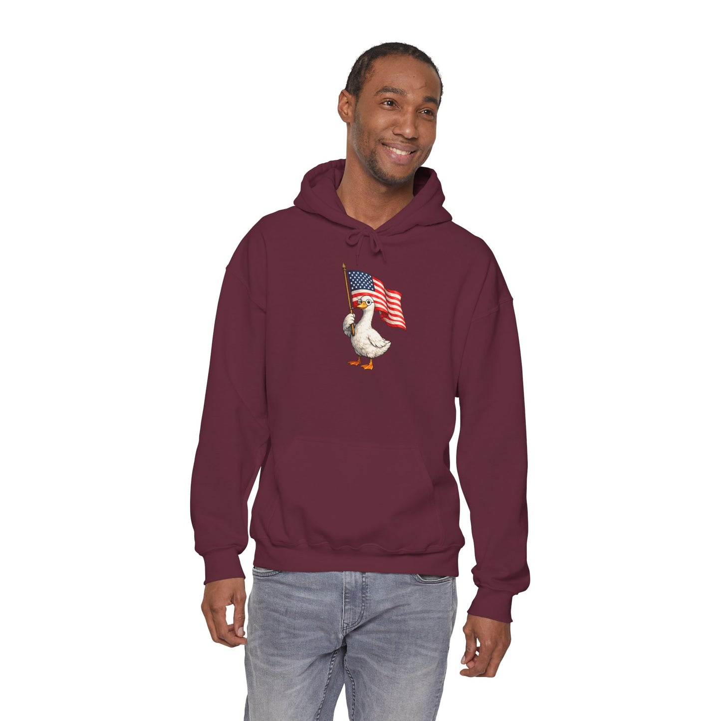 Patriotic Duck Hoodie — Cute Goose Holding American Flag, 4th of July Sweatshirt