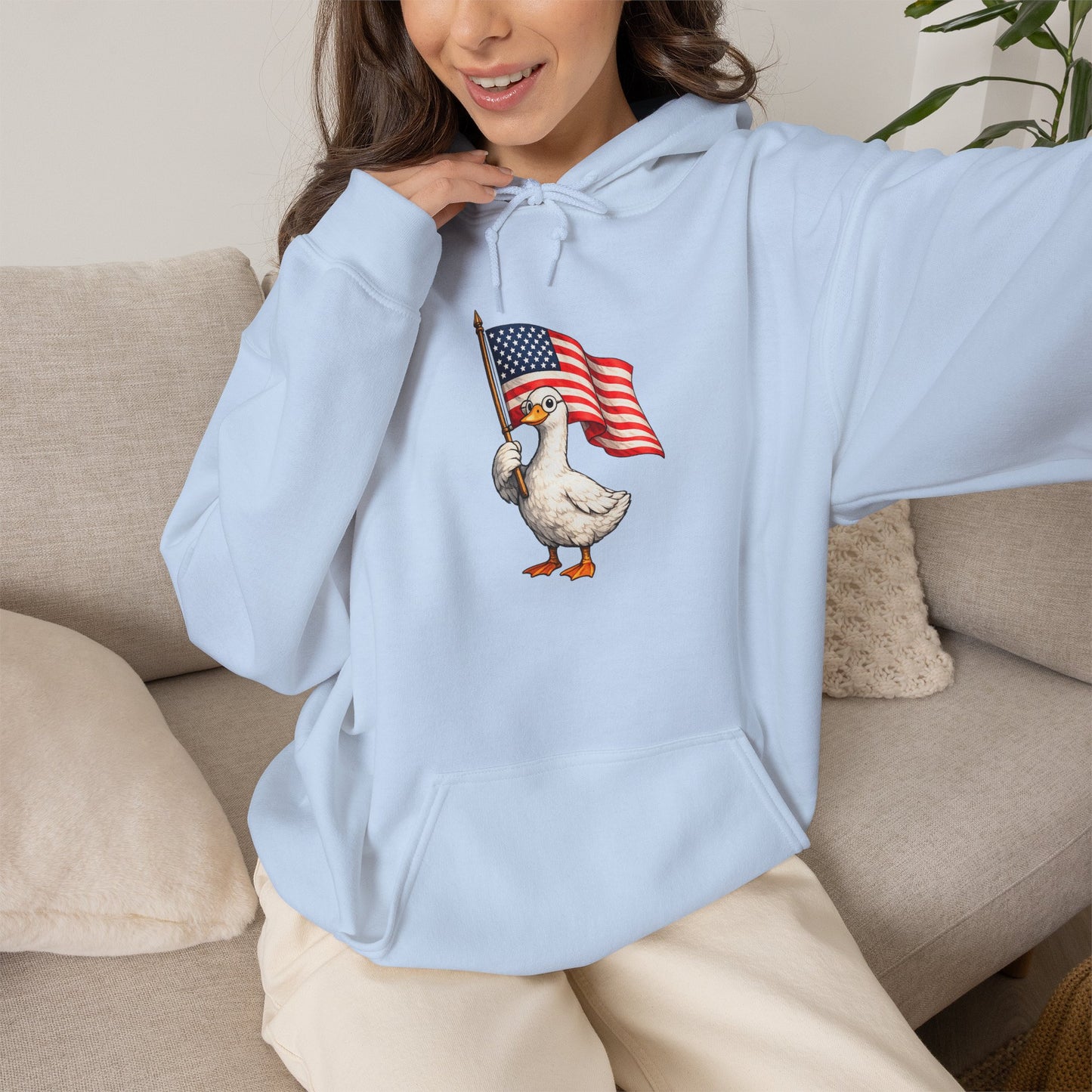 Patriotic Duck Hoodie — Cute Goose Holding American Flag, 4th of July Sweatshirt