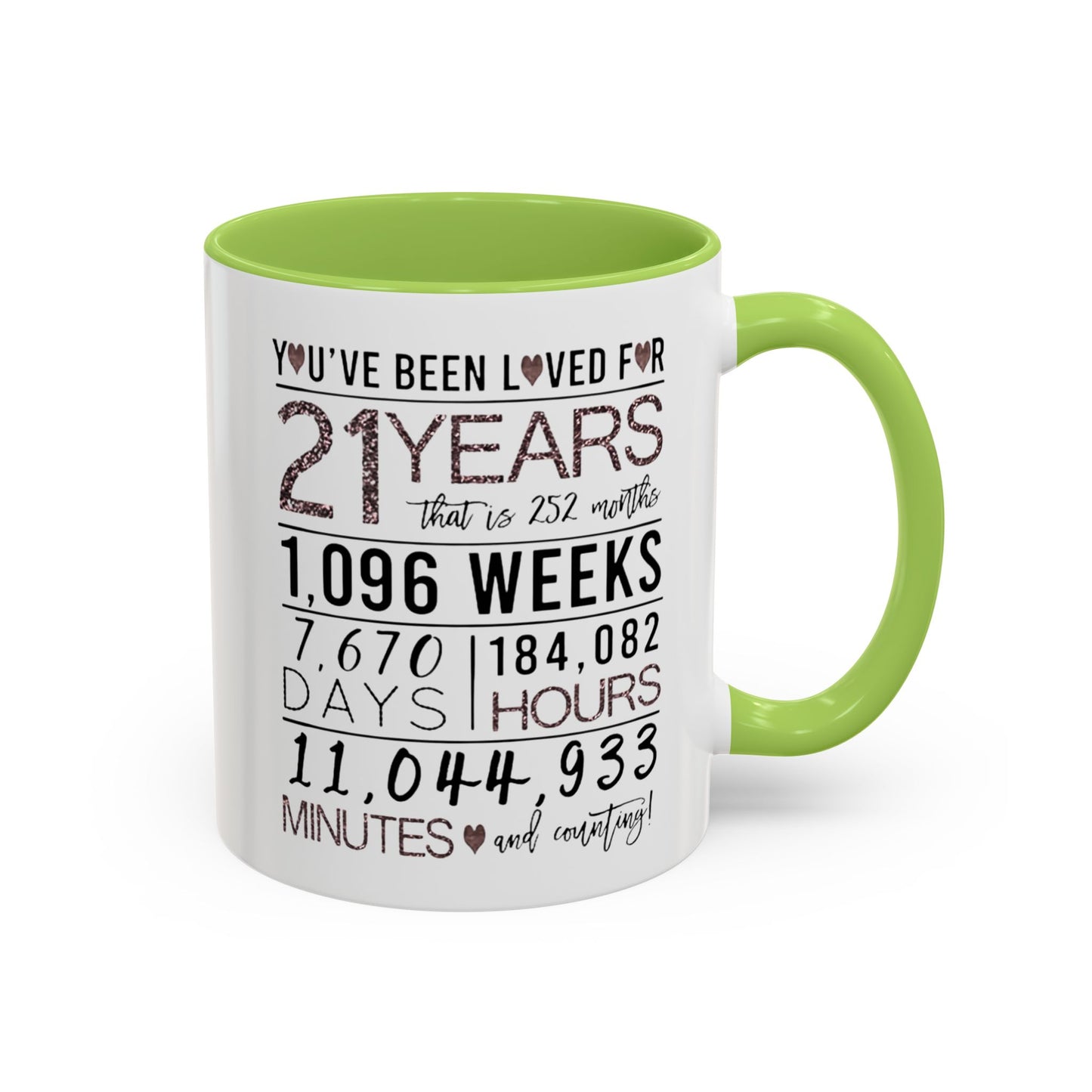 21 Years Loved Anniversary Coffee Mug — "You've Been Loved for 21 Years" Accent Mug (11/15oz)