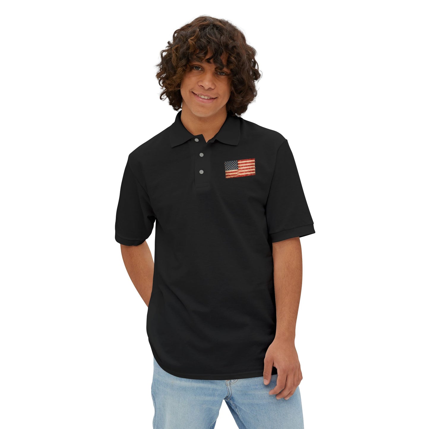 Men's White Polo with Small American Flag Chest Embroidery — Patriotic Casual Golf T-Shirt