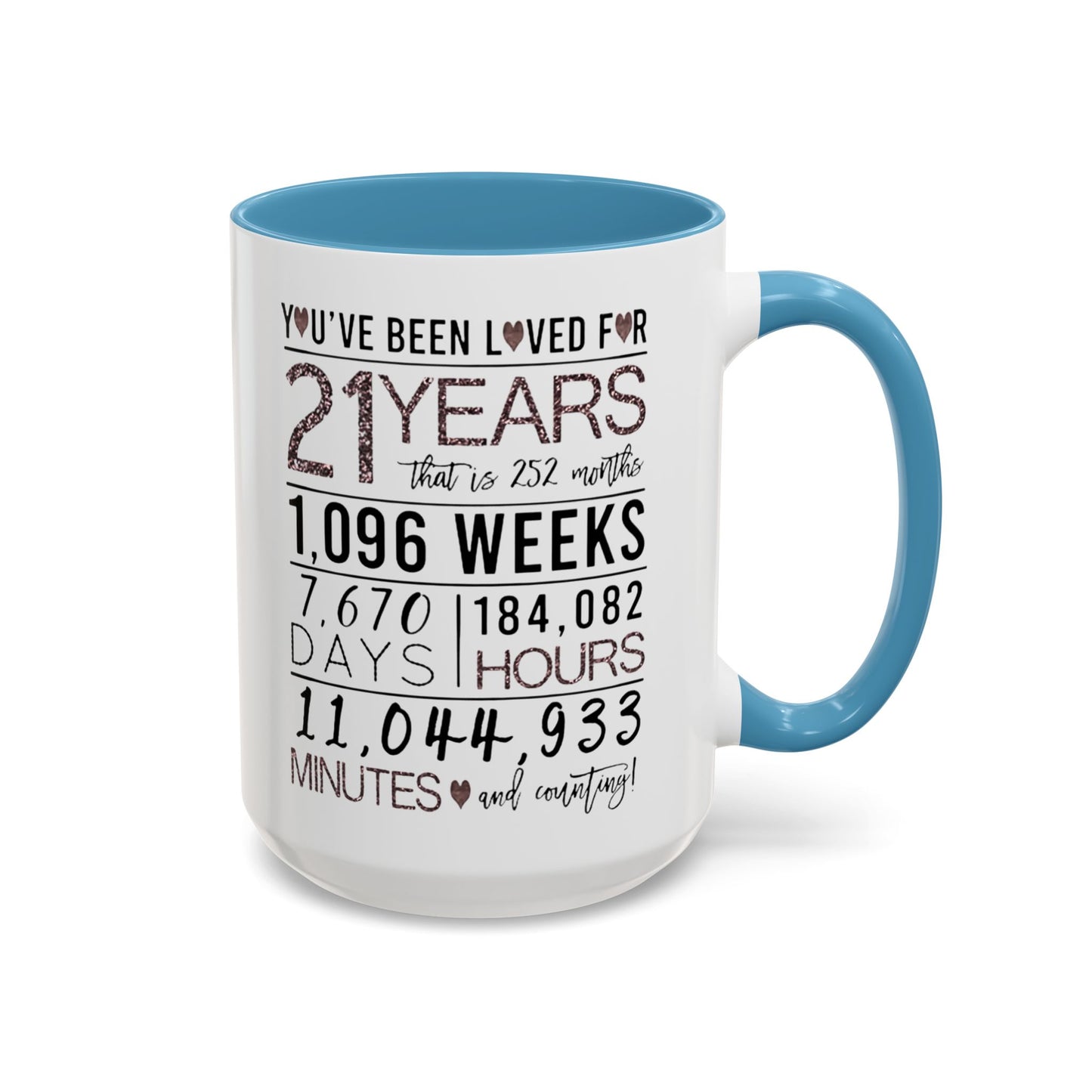 21 Years Loved Anniversary Coffee Mug — "You've Been Loved for 21 Years" Accent Mug (11/15oz)