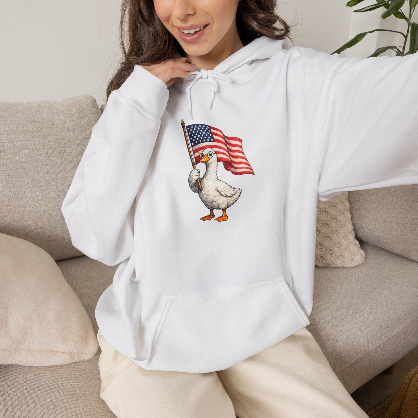 Patriotic Duck Hoodie — Cute Goose Holding American Flag, 4th of July Sweatshirt