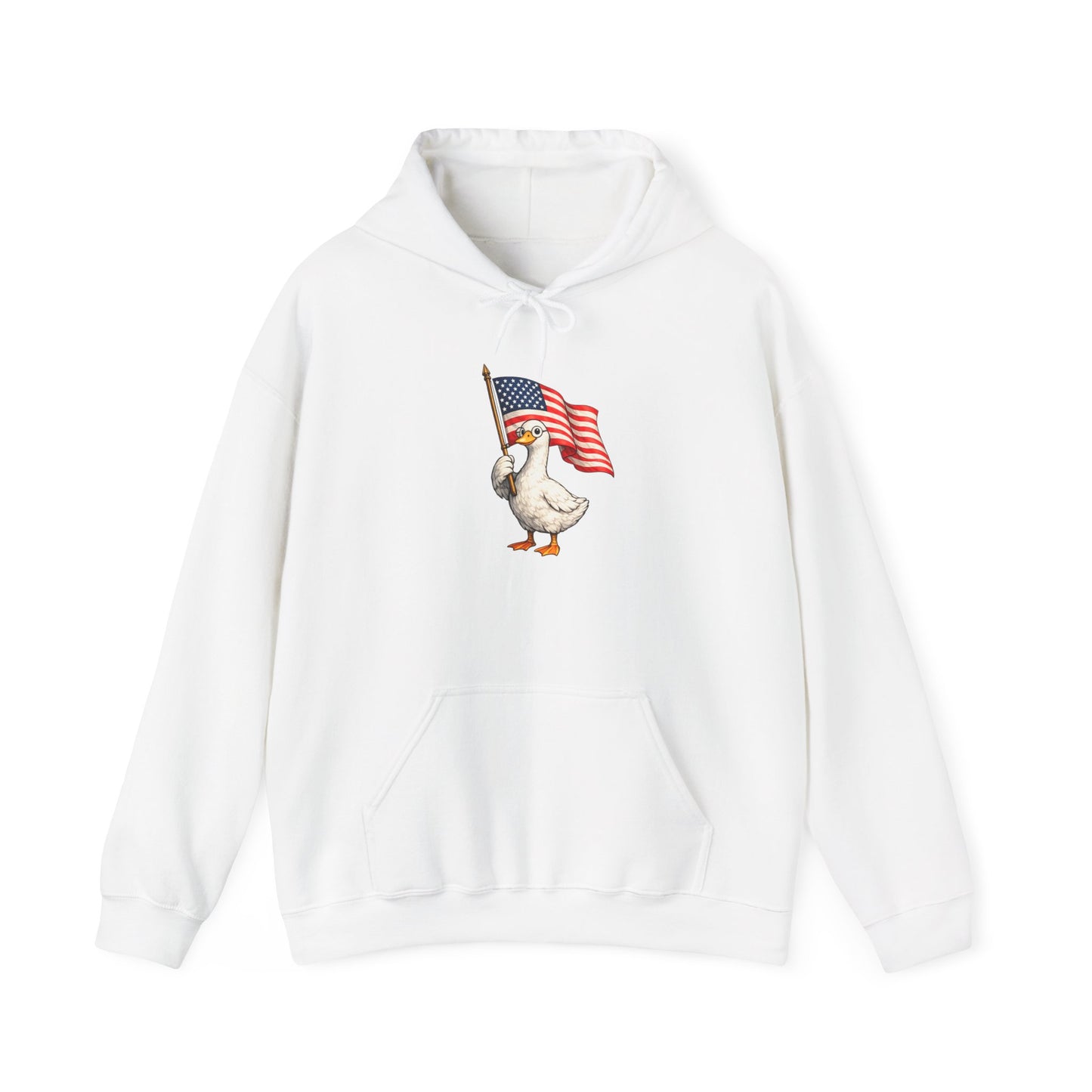 Patriotic Duck Hoodie — Cute Goose Holding American Flag, 4th of July Sweatshirt