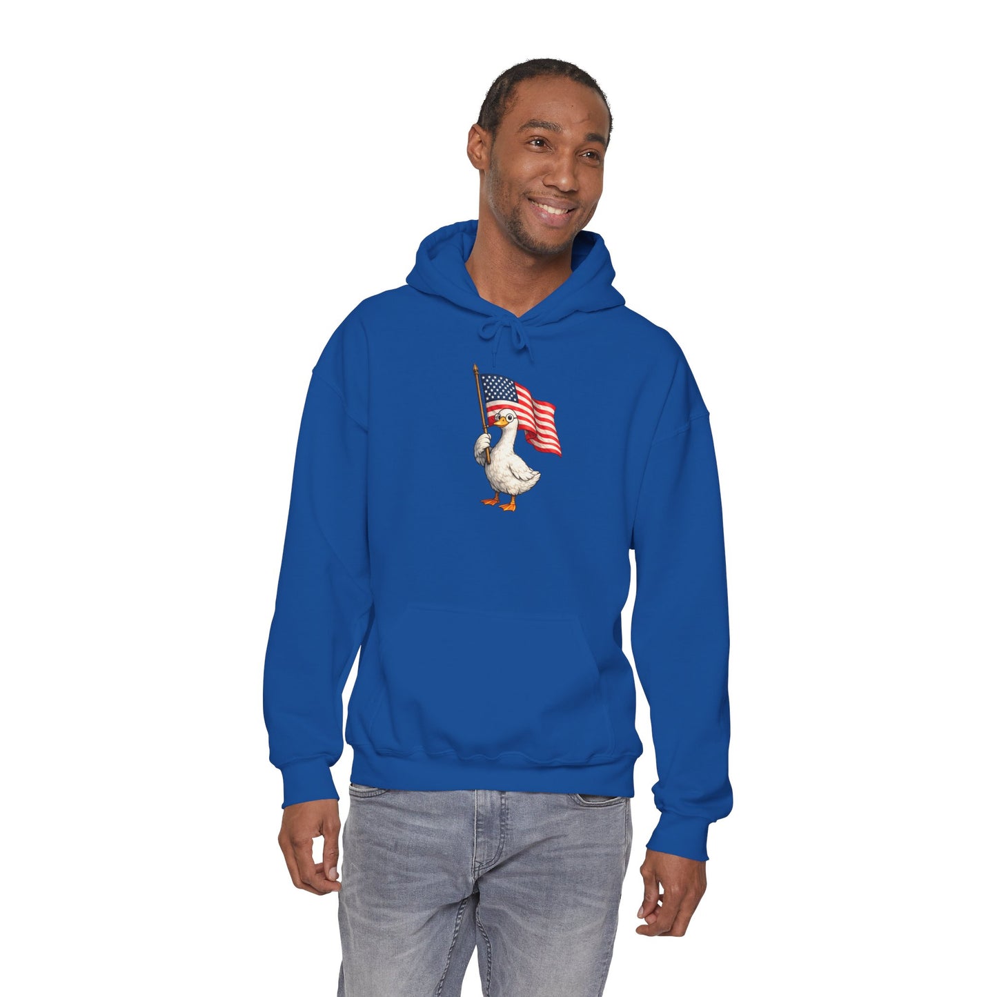 Patriotic Duck Hoodie — Cute Goose Holding American Flag, 4th of July Sweatshirt