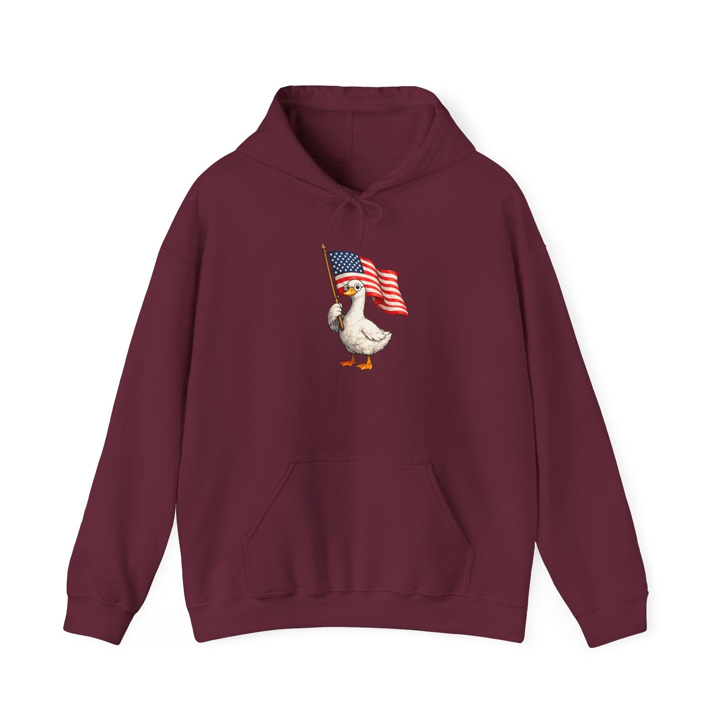 Patriotic Duck Hoodie — Cute Goose Holding American Flag, 4th of July Sweatshirt