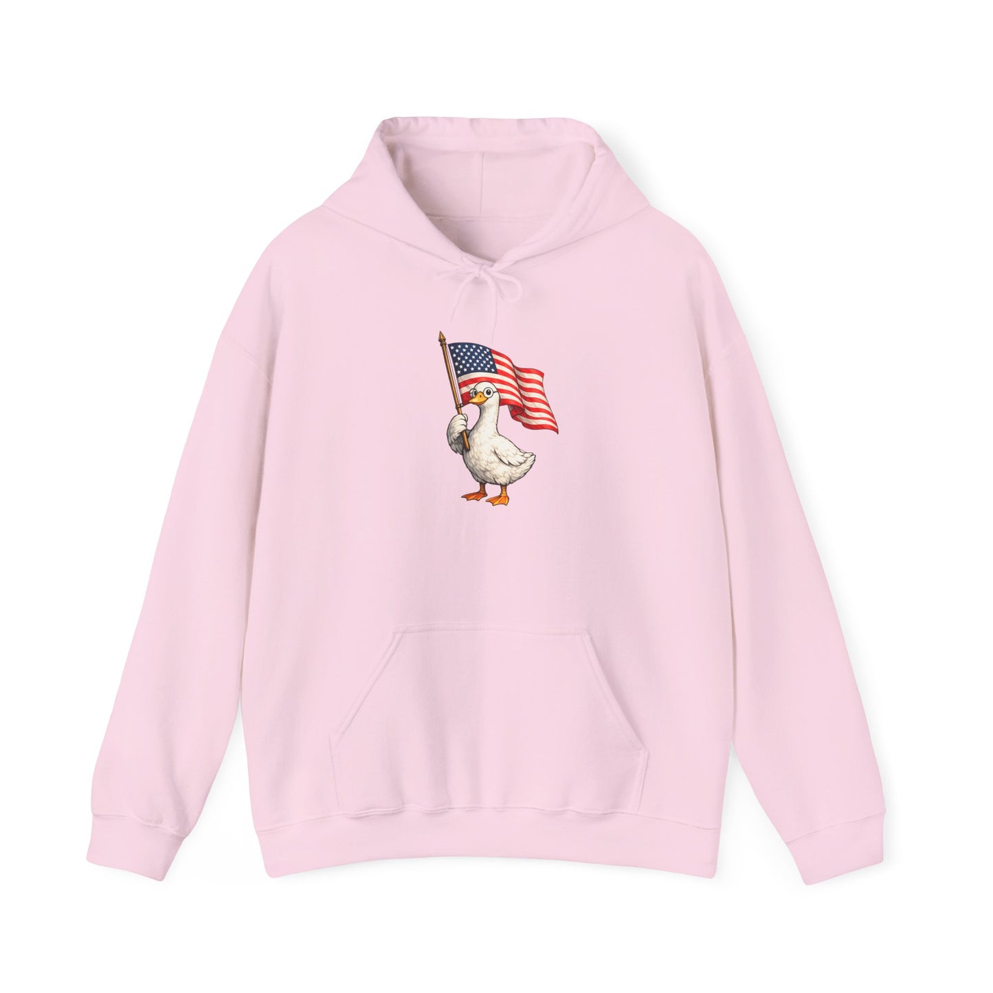 Patriotic Duck Hoodie — Cute Goose Holding American Flag, 4th of July Sweatshirt