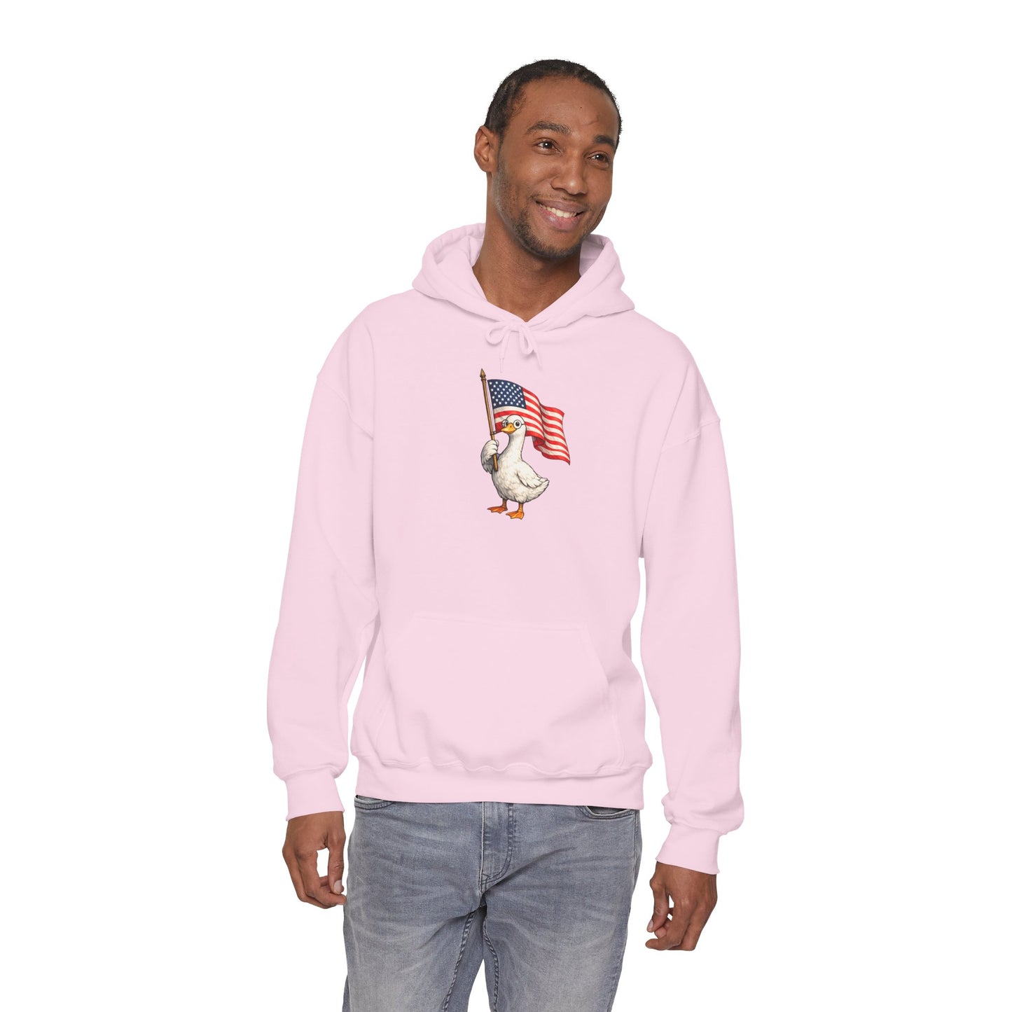 Patriotic Duck Hoodie — Cute Goose Holding American Flag, 4th of July Sweatshirt