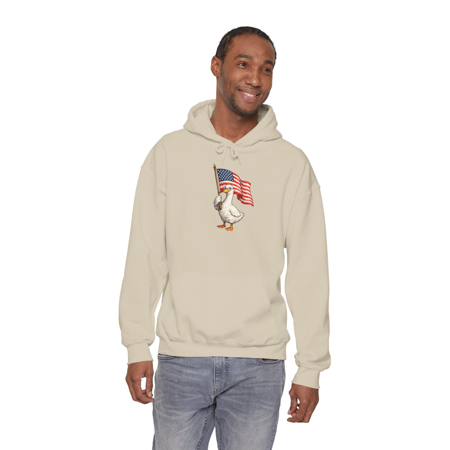 Patriotic Duck Hoodie — Cute Goose Holding American Flag, 4th of July Sweatshirt