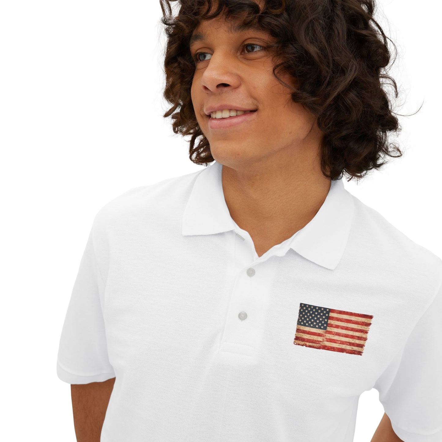 Men's White Polo with Small American Flag Chest Embroidery — Patriotic Casual Golf T-Shirt