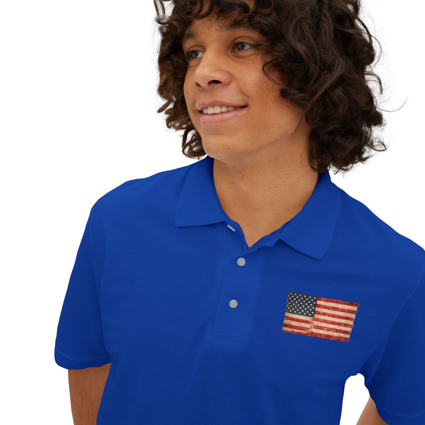 Men's White Polo with Small American Flag Chest Embroidery — Patriotic Casual Golf T-Shirt
