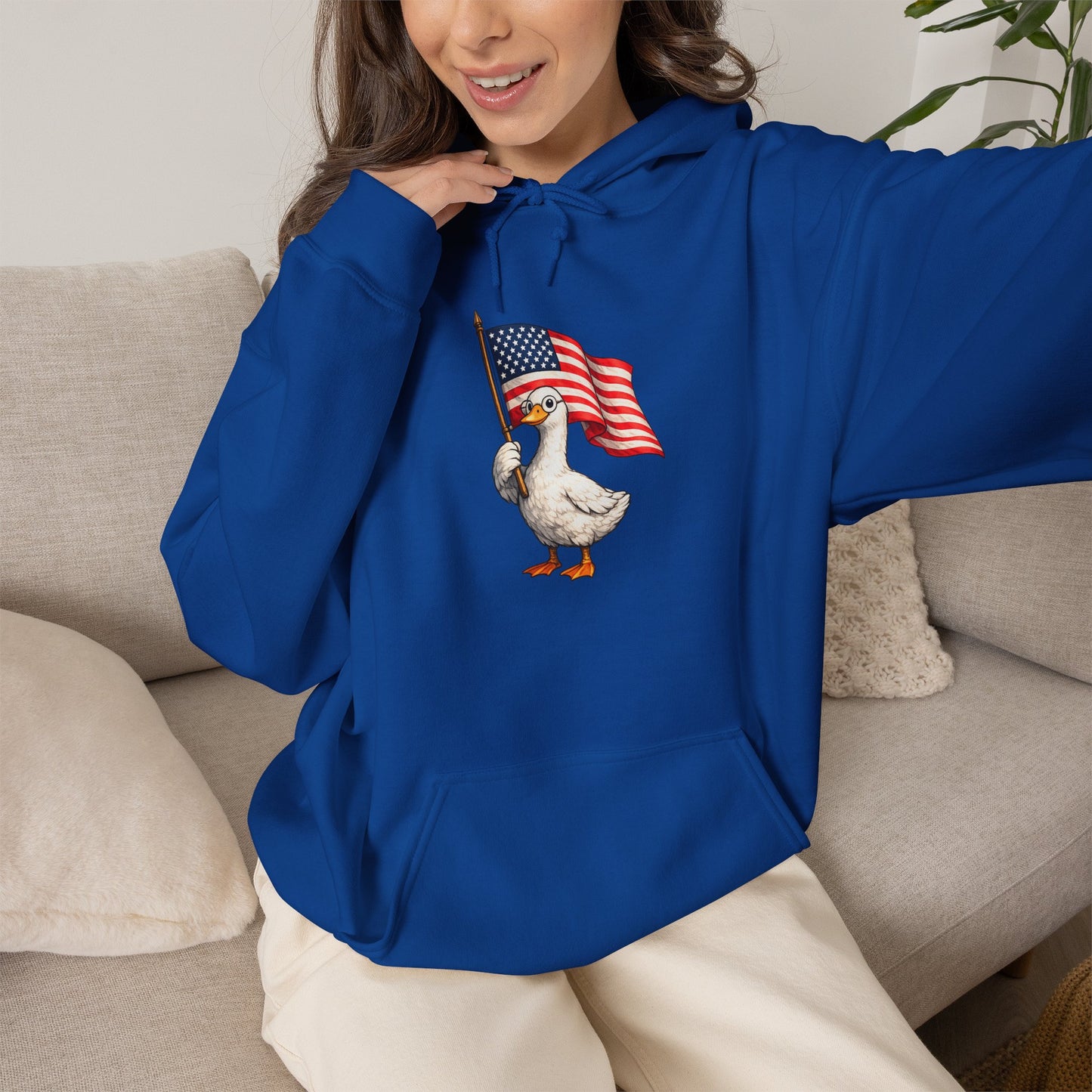 Patriotic Duck Hoodie — Cute Goose Holding American Flag, 4th of July Sweatshirt