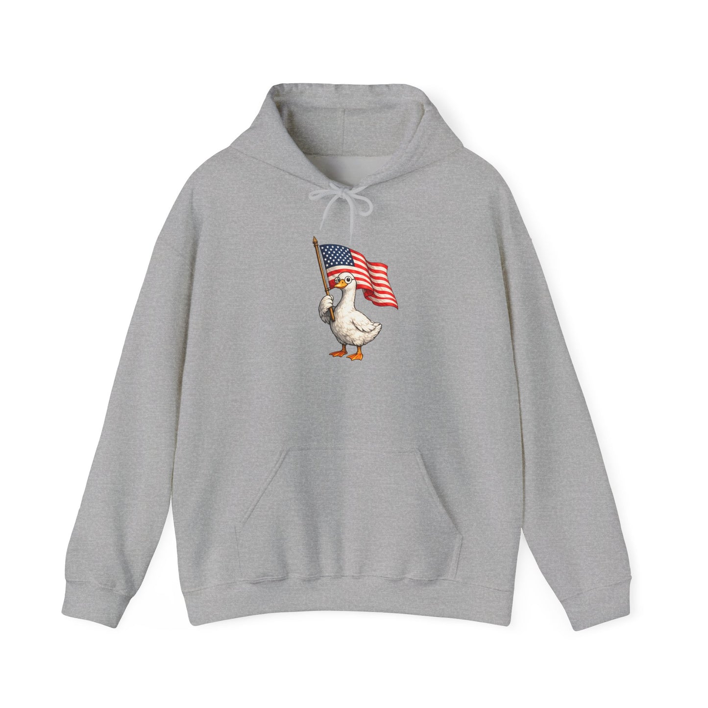 Patriotic Duck Hoodie — Cute Goose Holding American Flag, 4th of July Sweatshirt