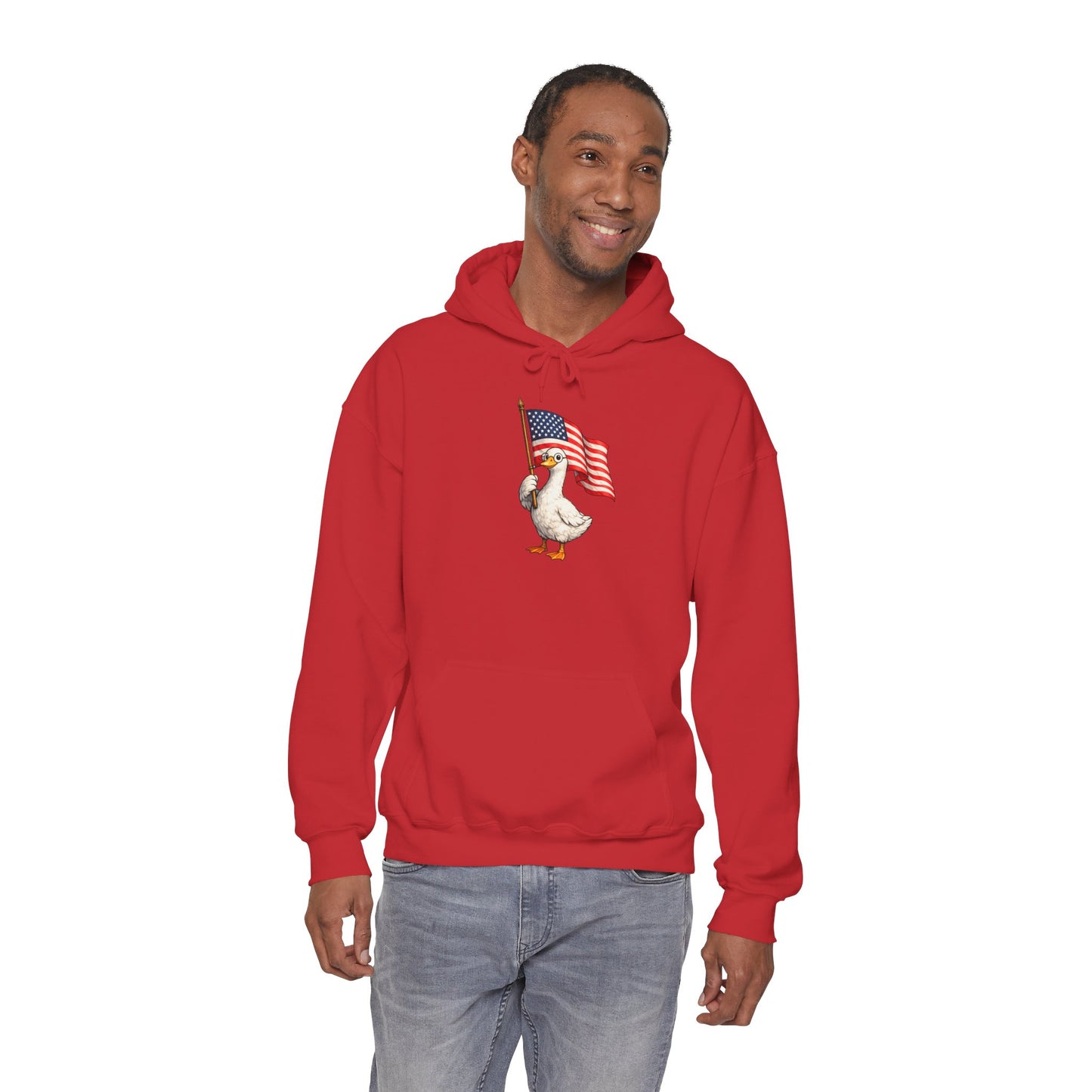 Patriotic Duck Hoodie — Cute Goose Holding American Flag, 4th of July Sweatshirt