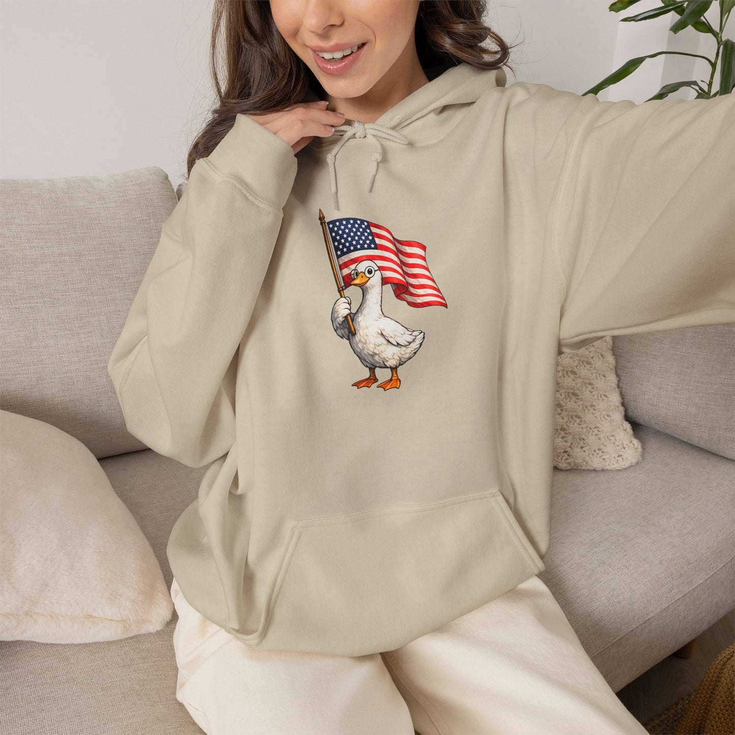 Patriotic Duck Hoodie — Cute Goose Holding American Flag, 4th of July Sweatshirt