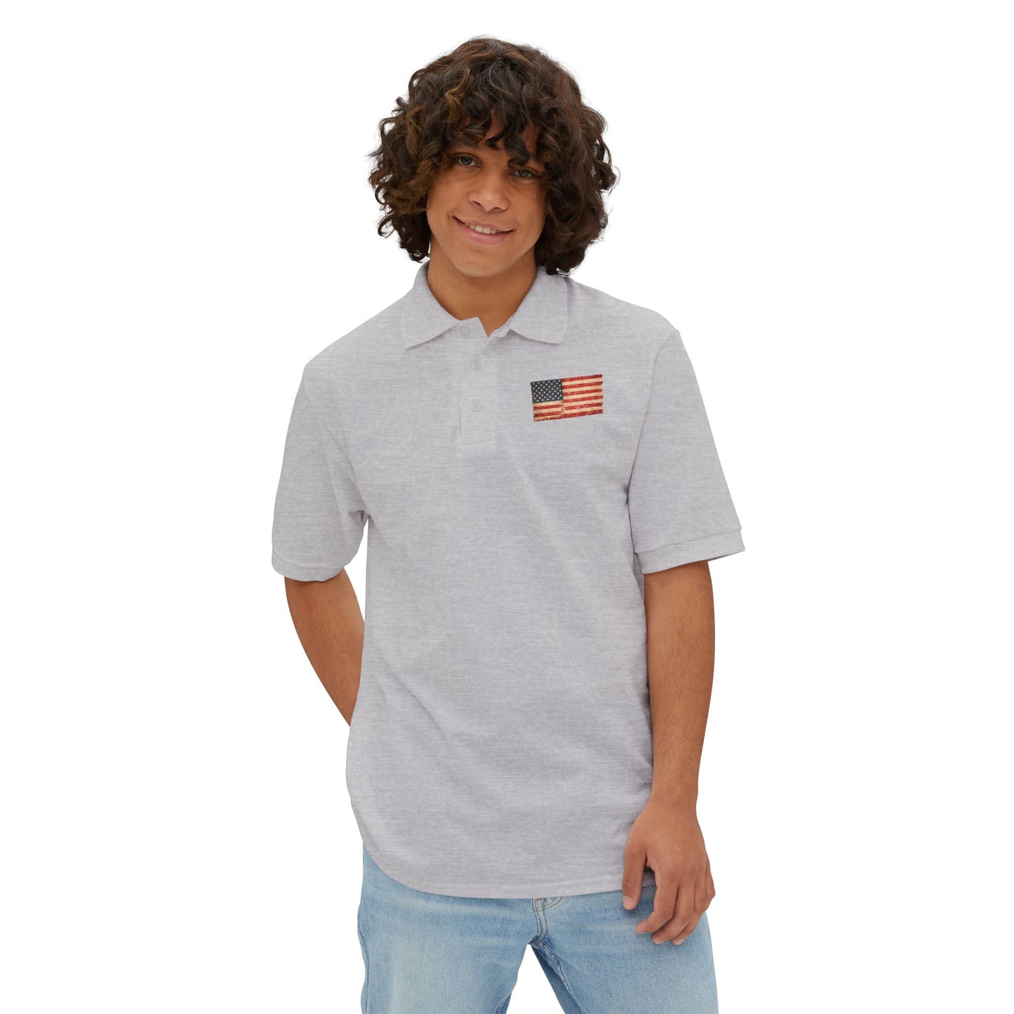 Men's White Polo with Small American Flag Chest Embroidery — Patriotic Casual Golf T-Shirt