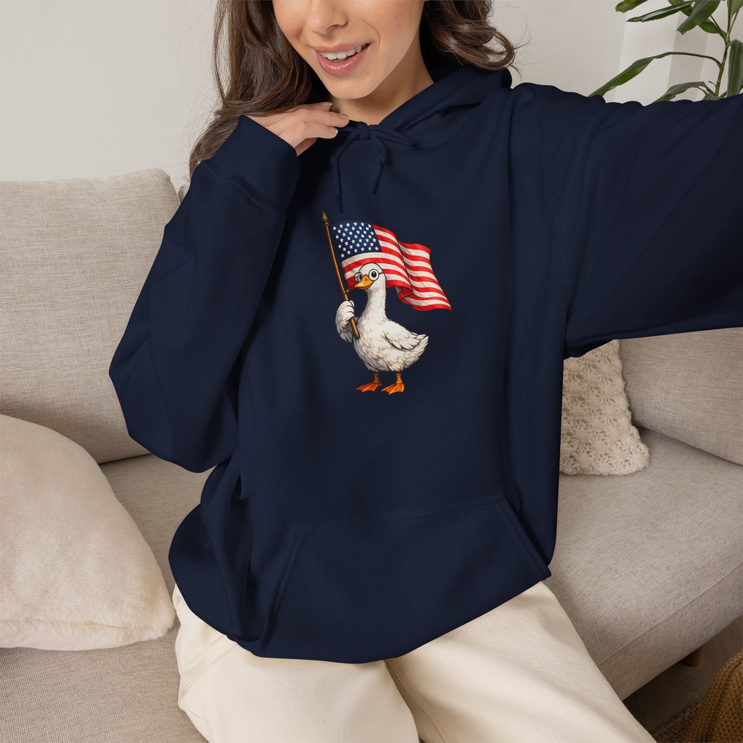 Patriotic Duck Hoodie — Cute Goose Holding American Flag, 4th of July Sweatshirt