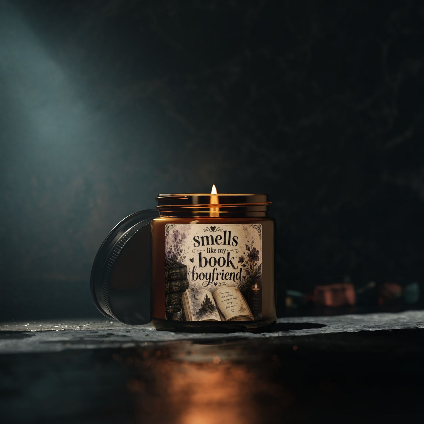 Book Lover Soy Candle — “Smells Like My Book Boyfriend” Amber Jar