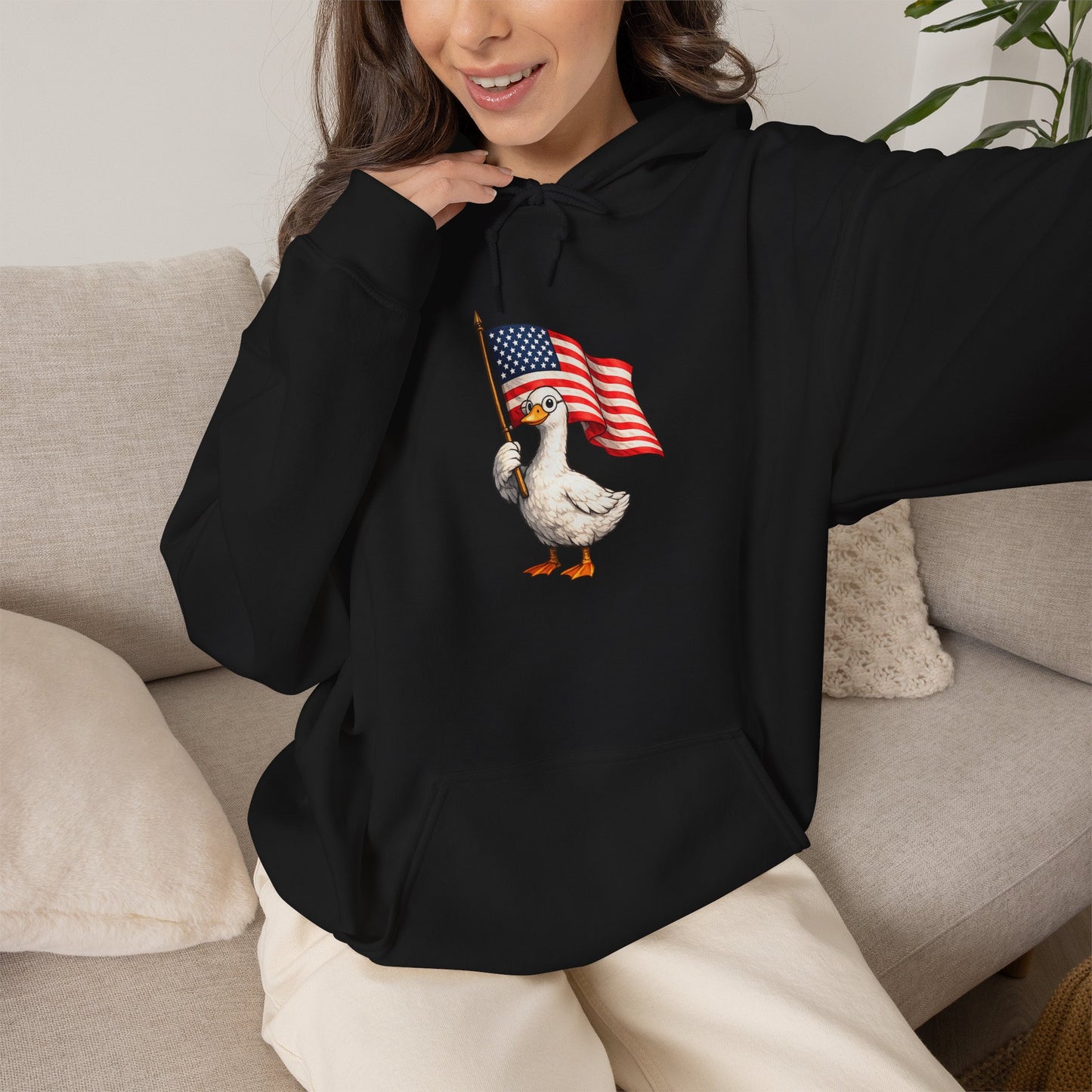 Patriotic Duck Hoodie — Cute Goose Holding American Flag, 4th of July Sweatshirt