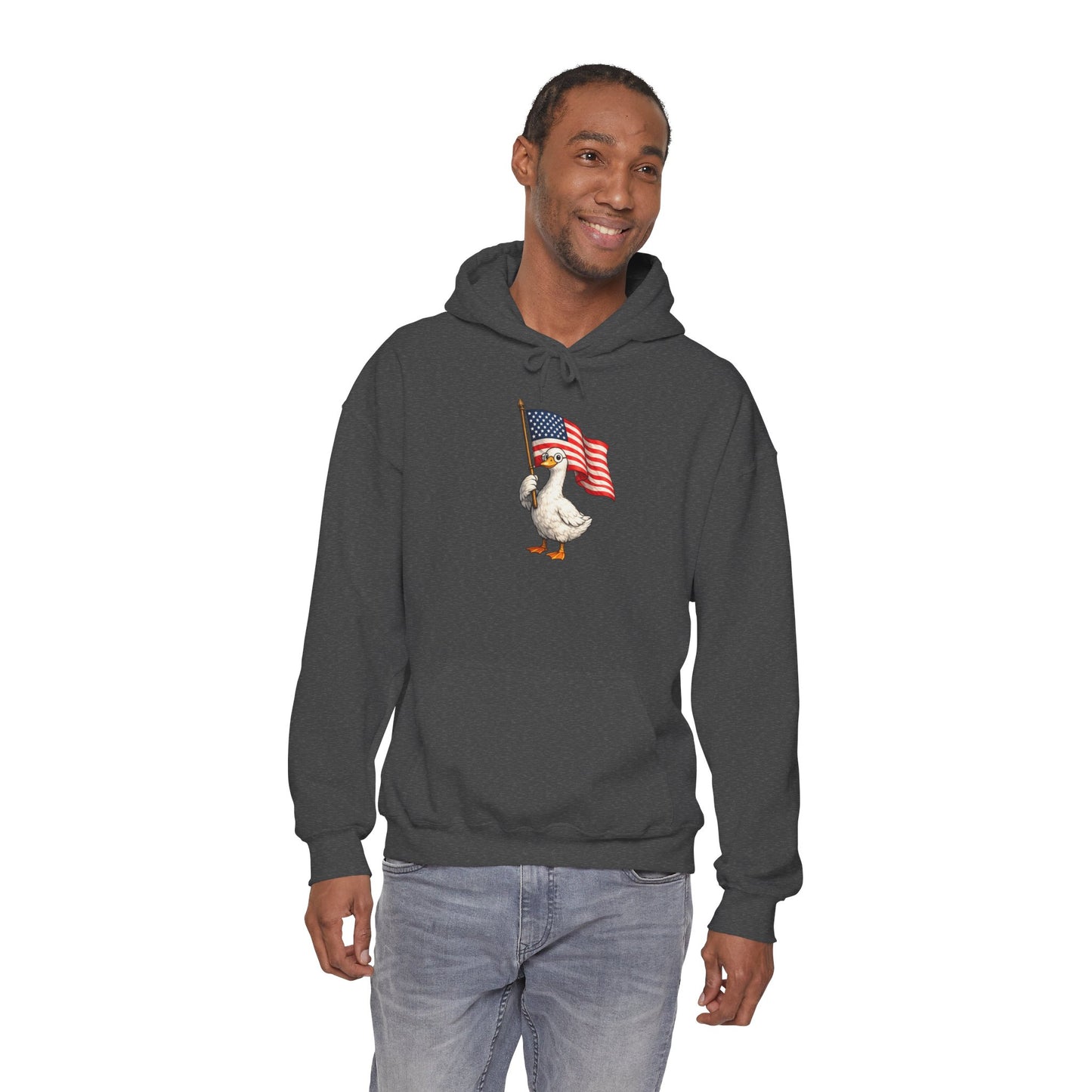 Patriotic Duck Hoodie — Cute Goose Holding American Flag, 4th of July Sweatshirt