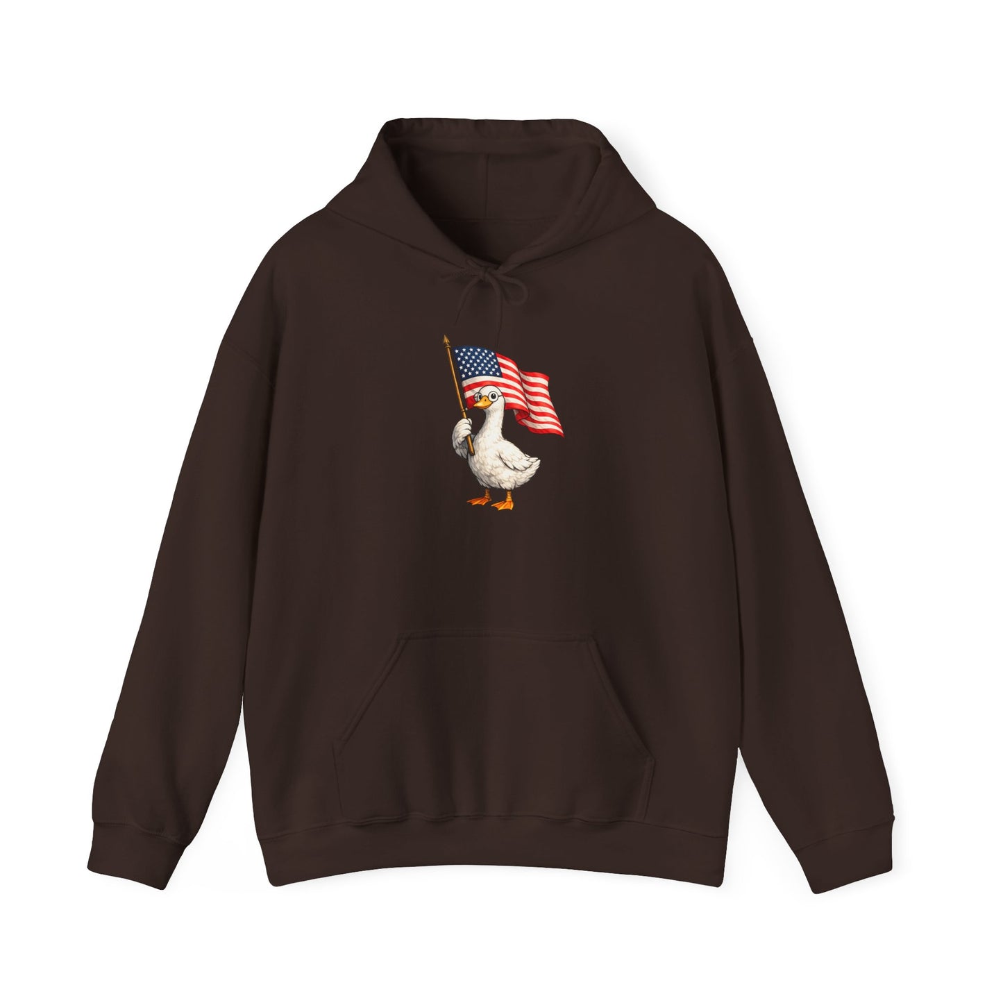Patriotic Duck Hoodie — Cute Goose Holding American Flag, 4th of July Sweatshirt
