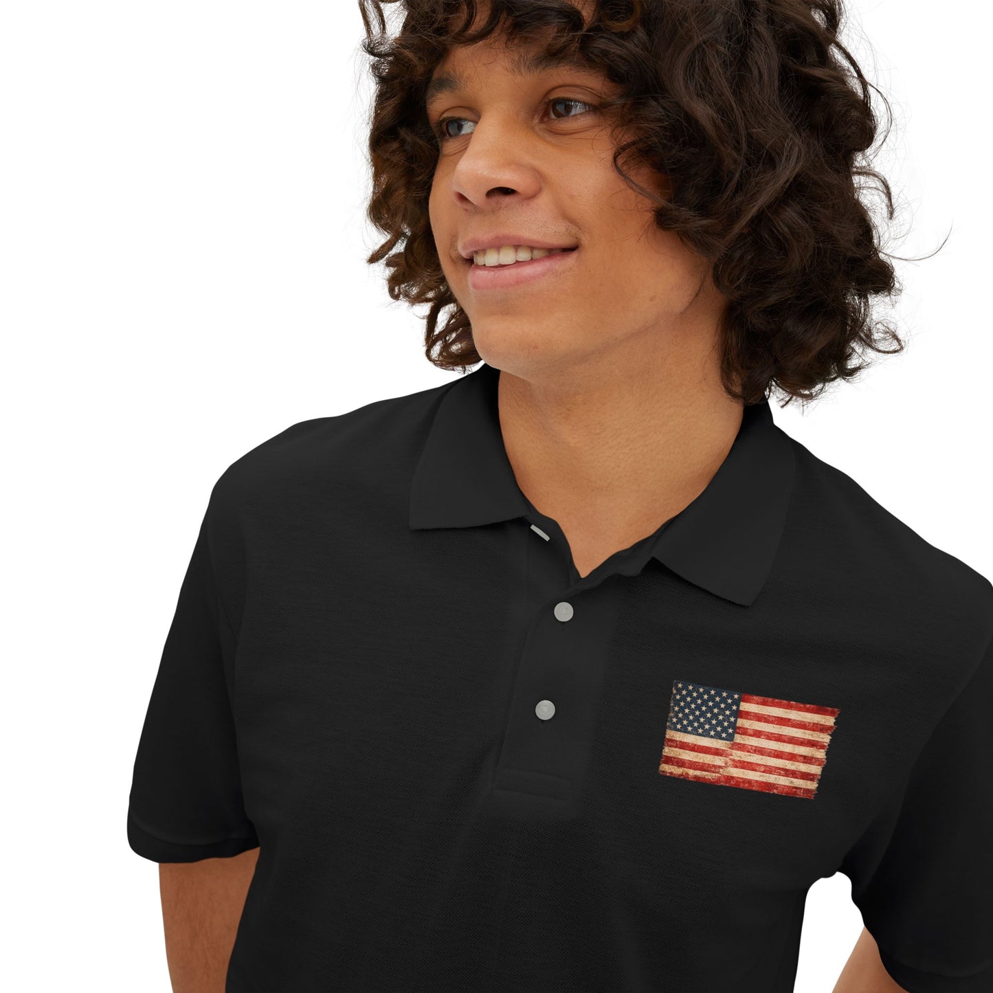 Men's White Polo with Small American Flag Chest Embroidery — Patriotic Casual Golf T-Shirt