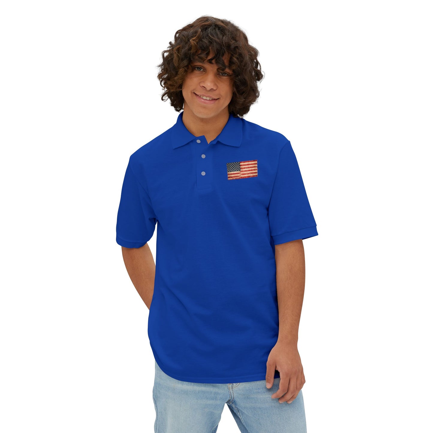 Men's White Polo with Small American Flag Chest Embroidery — Patriotic Casual Golf T-Shirt