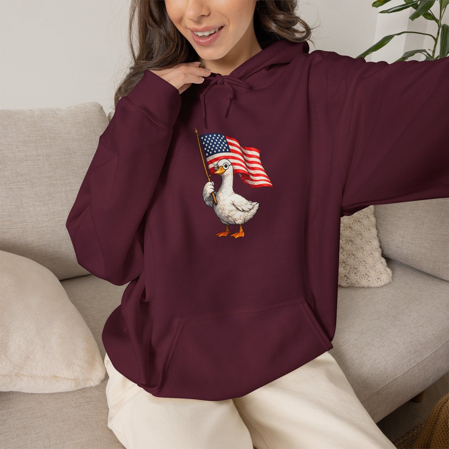 Patriotic Duck Hoodie — Cute Goose Holding American Flag, 4th of July Sweatshirt
