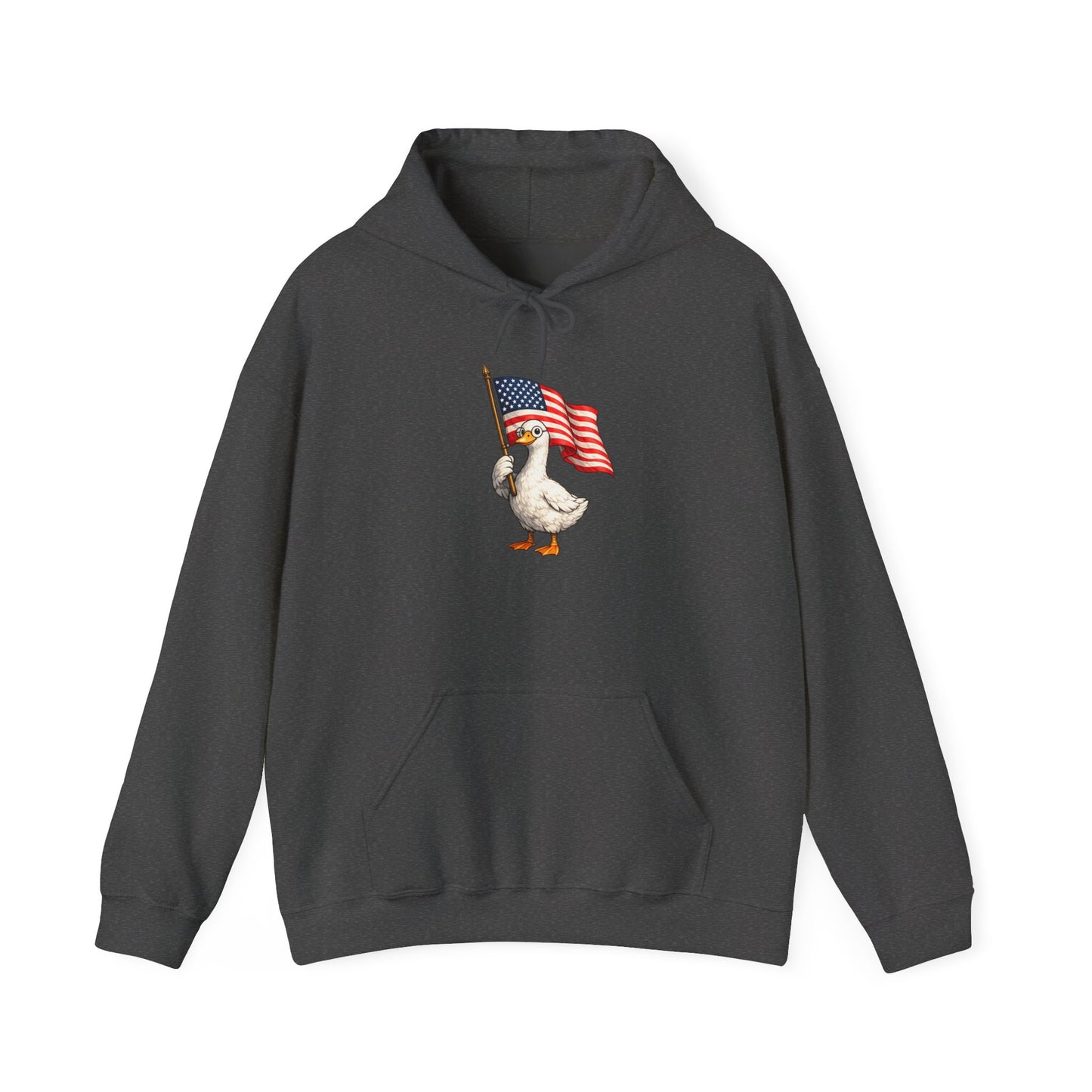 Patriotic Duck Hoodie — Cute Goose Holding American Flag, 4th of July Sweatshirt