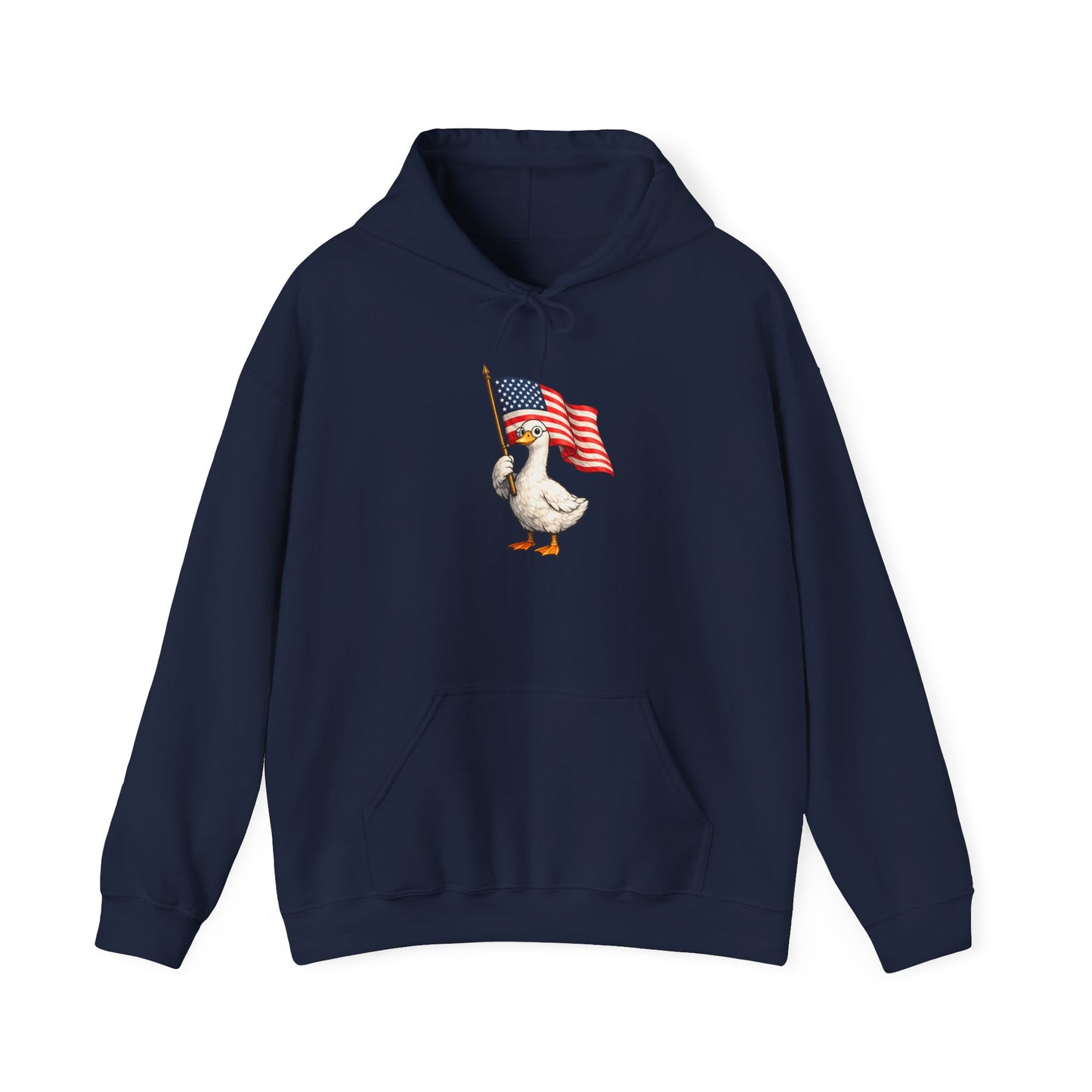 Patriotic Duck Hoodie — Cute Goose Holding American Flag, 4th of July Sweatshirt