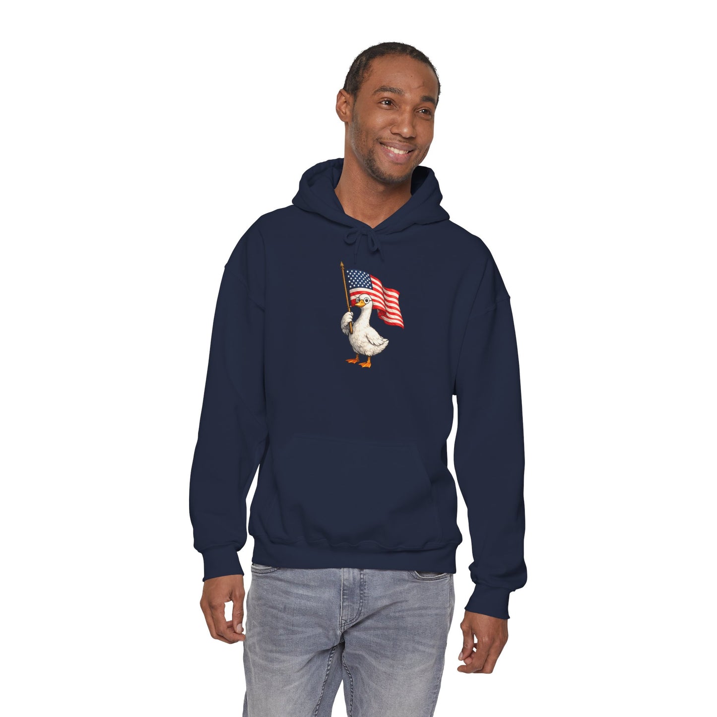 Patriotic Duck Hoodie — Cute Goose Holding American Flag, 4th of July Sweatshirt