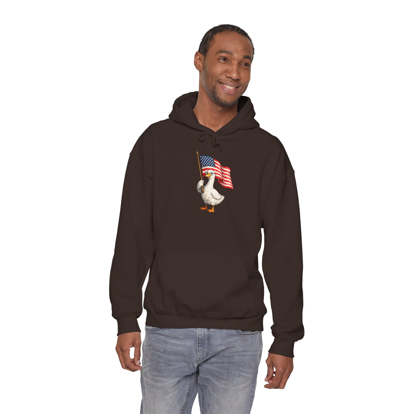 Patriotic Duck Hoodie — Cute Goose Holding American Flag, 4th of July Sweatshirt