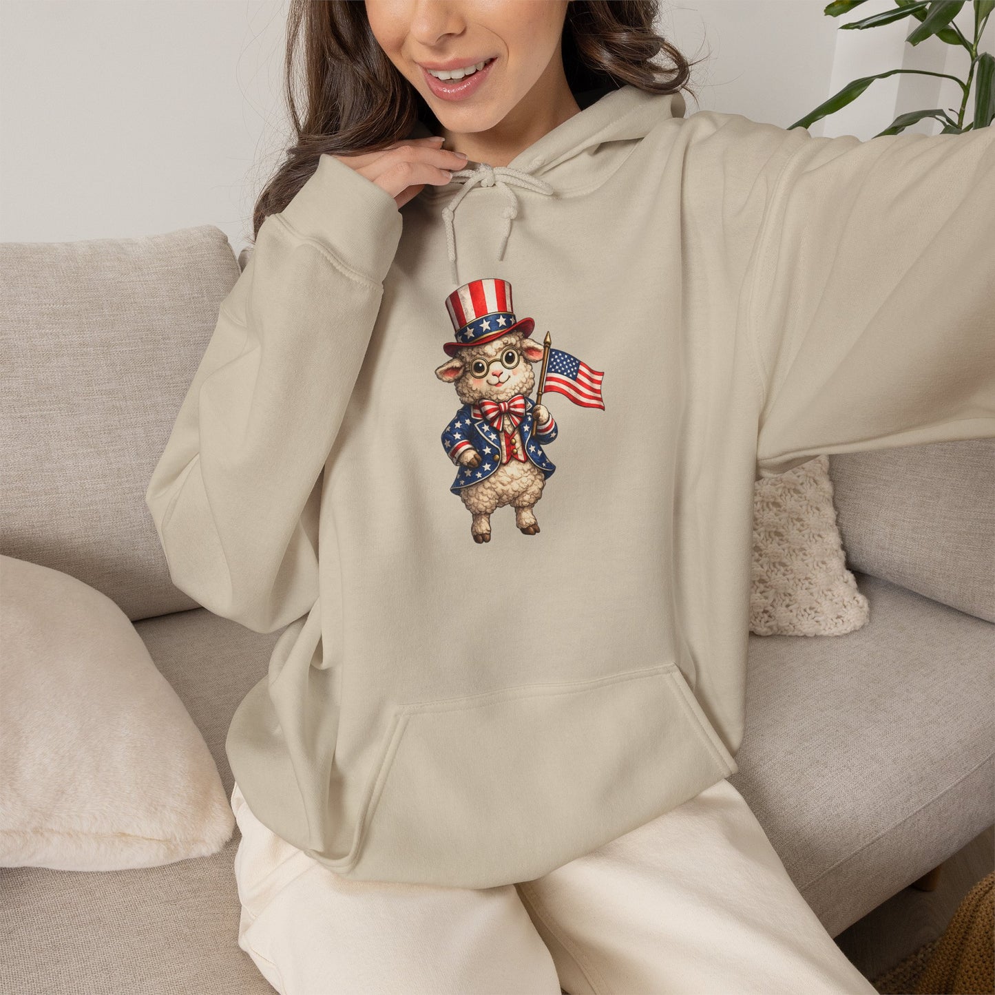 Patriotic Sheep Hoodie — Vintage Uncle Sam Sheep Holding American Flag