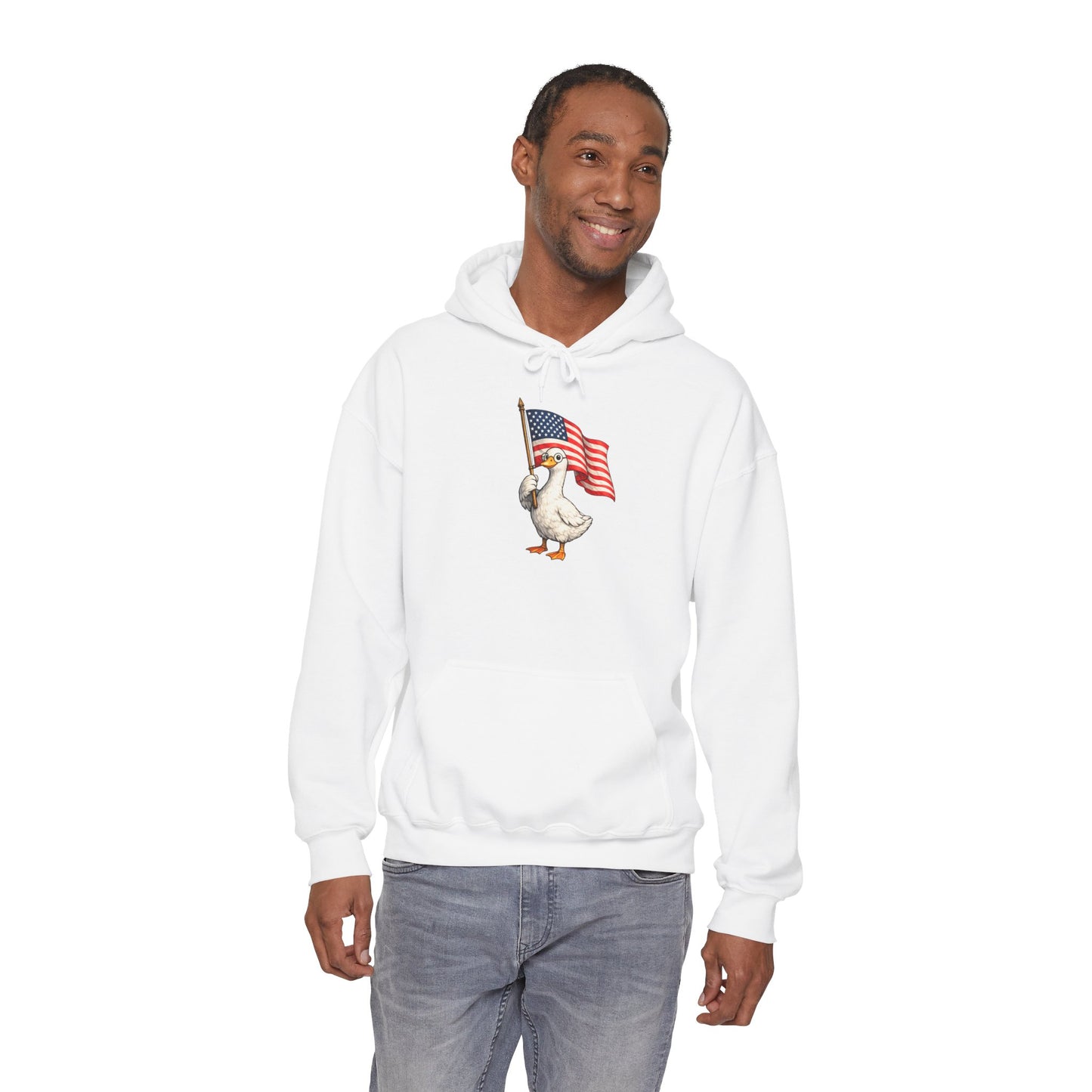 Patriotic Duck Hoodie — Cute Goose Holding American Flag, 4th of July Sweatshirt