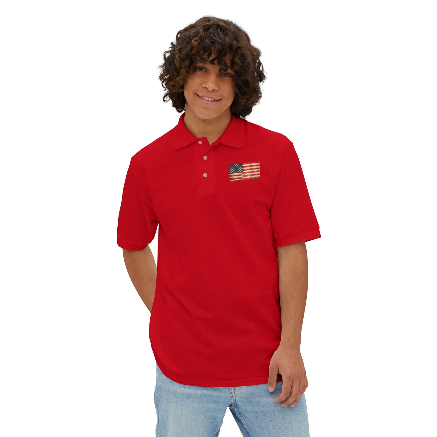 Men's White Polo with Small American Flag Chest Embroidery — Patriotic Casual Golf T-Shirt