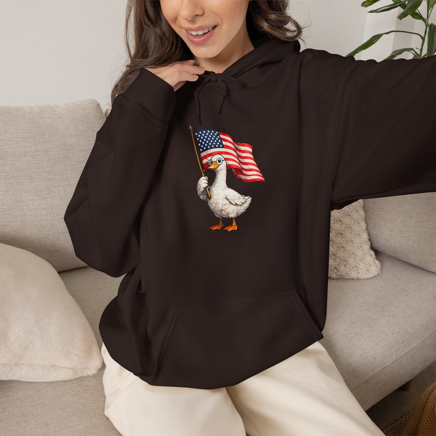 Patriotic Duck Hoodie — Cute Goose Holding American Flag, 4th of July Sweatshirt