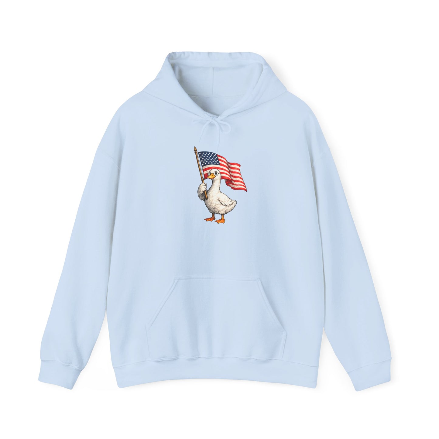 Patriotic Duck Hoodie — Cute Goose Holding American Flag, 4th of July Sweatshirt