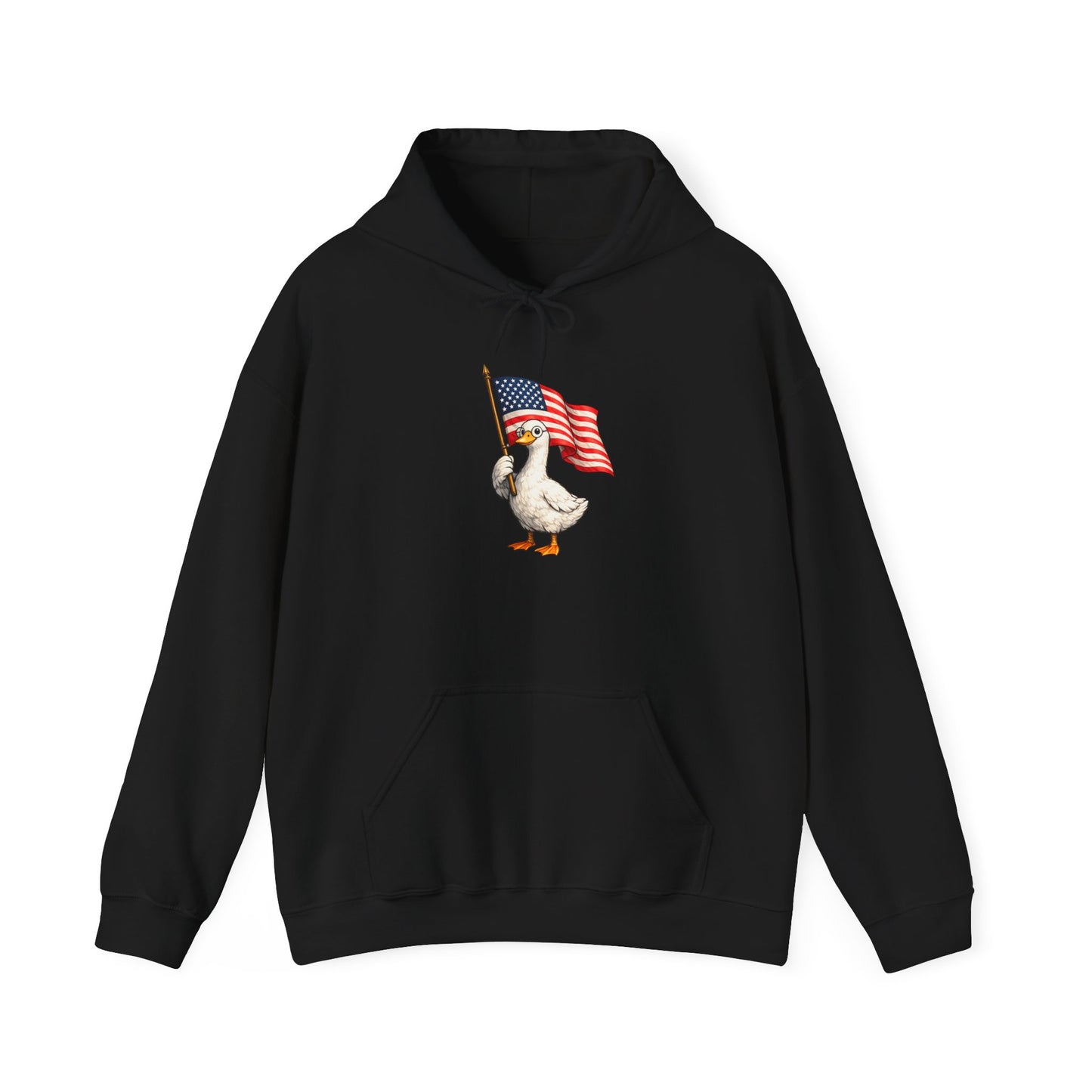Patriotic Duck Hoodie — Cute Goose Holding American Flag, 4th of July Sweatshirt