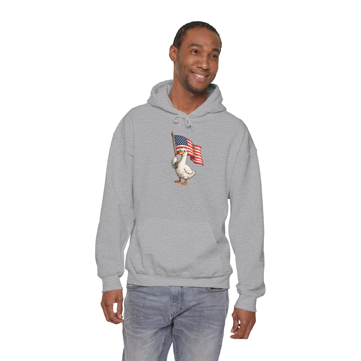 Patriotic Duck Hoodie — Cute Goose Holding American Flag, 4th of July Sweatshirt