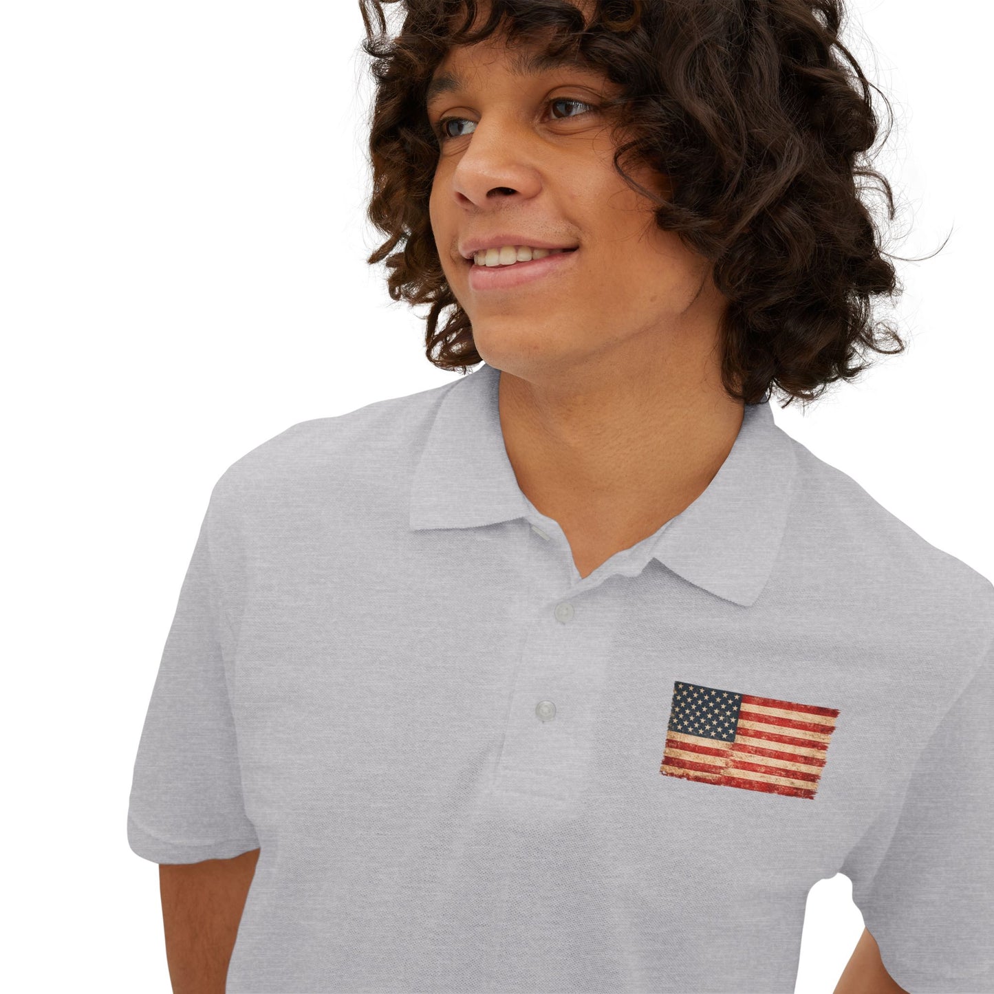 Men's White Polo with Small American Flag Chest Embroidery — Patriotic Casual Golf T-Shirt