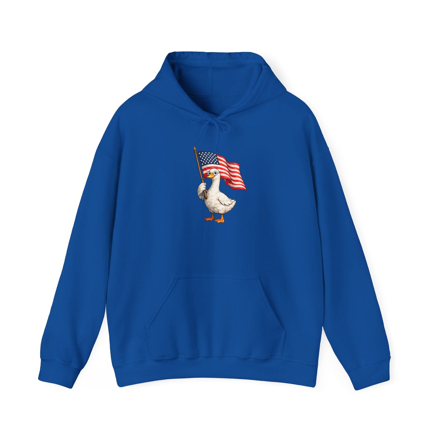 Patriotic Duck Hoodie — Cute Goose Holding American Flag, 4th of July Sweatshirt