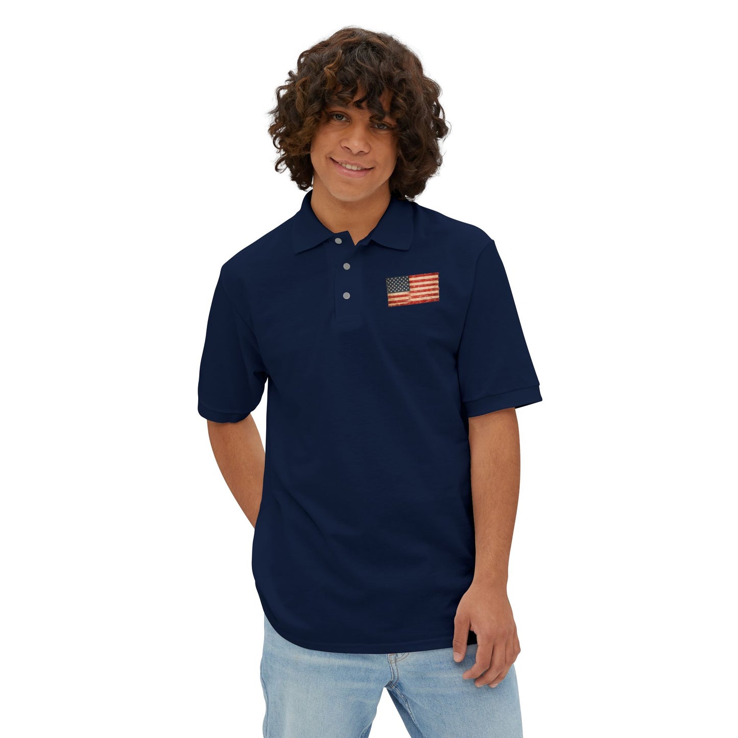 Men's White Polo with Small American Flag Chest Embroidery — Patriotic Casual Golf T-Shirt