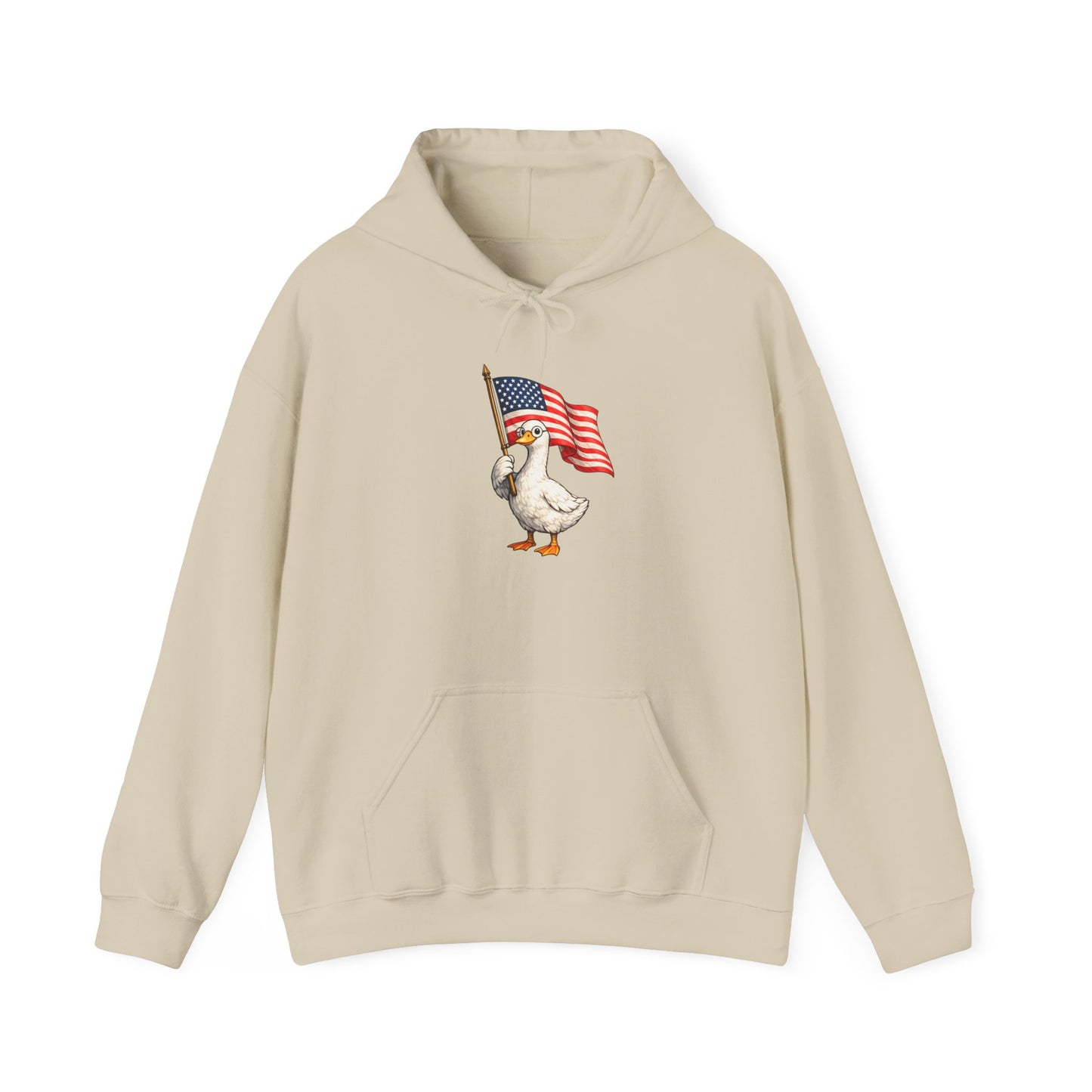Patriotic Duck Hoodie — Cute Goose Holding American Flag, 4th of July Sweatshirt