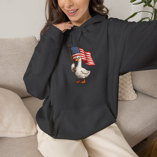 Patriotic Duck Hoodie — Cute Goose Holding American Flag, 4th of July Sweatshirt